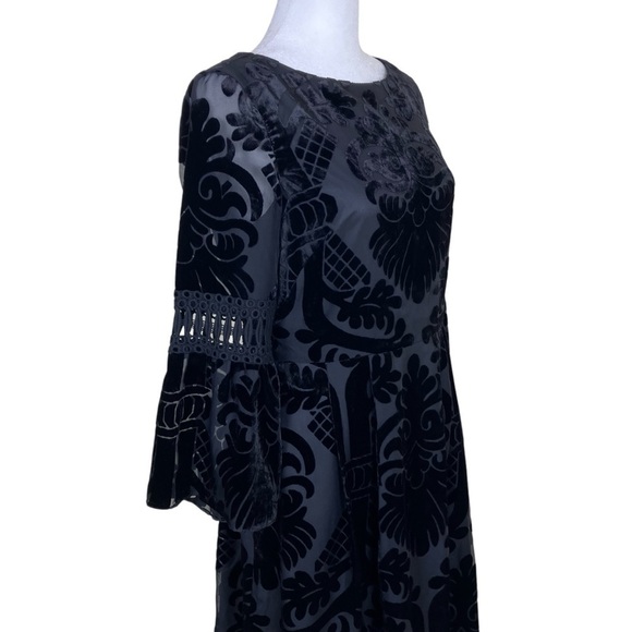 Eliza J Burnout Velvet Fit and Flare Mini Dress Bell Sleeves Dark Romance Sz 4 - Picture 5 of 16